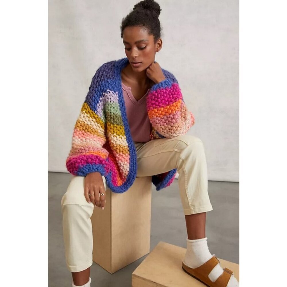 💕SAACHI💕 Mayflower Rainbow Stripe Cardigan ~ Hand Knit Multi-Color Medium